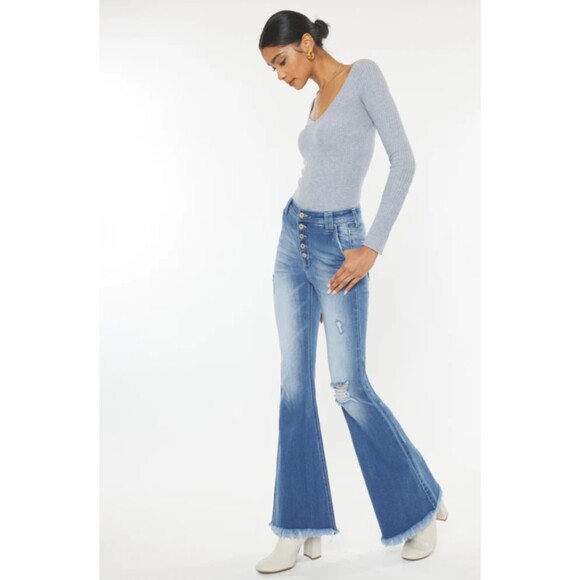 Kancan Sian High Rise Medium Wash Stretchy Button Zip Fringed Flare Jeans 9/28 - Picture 1 of 12